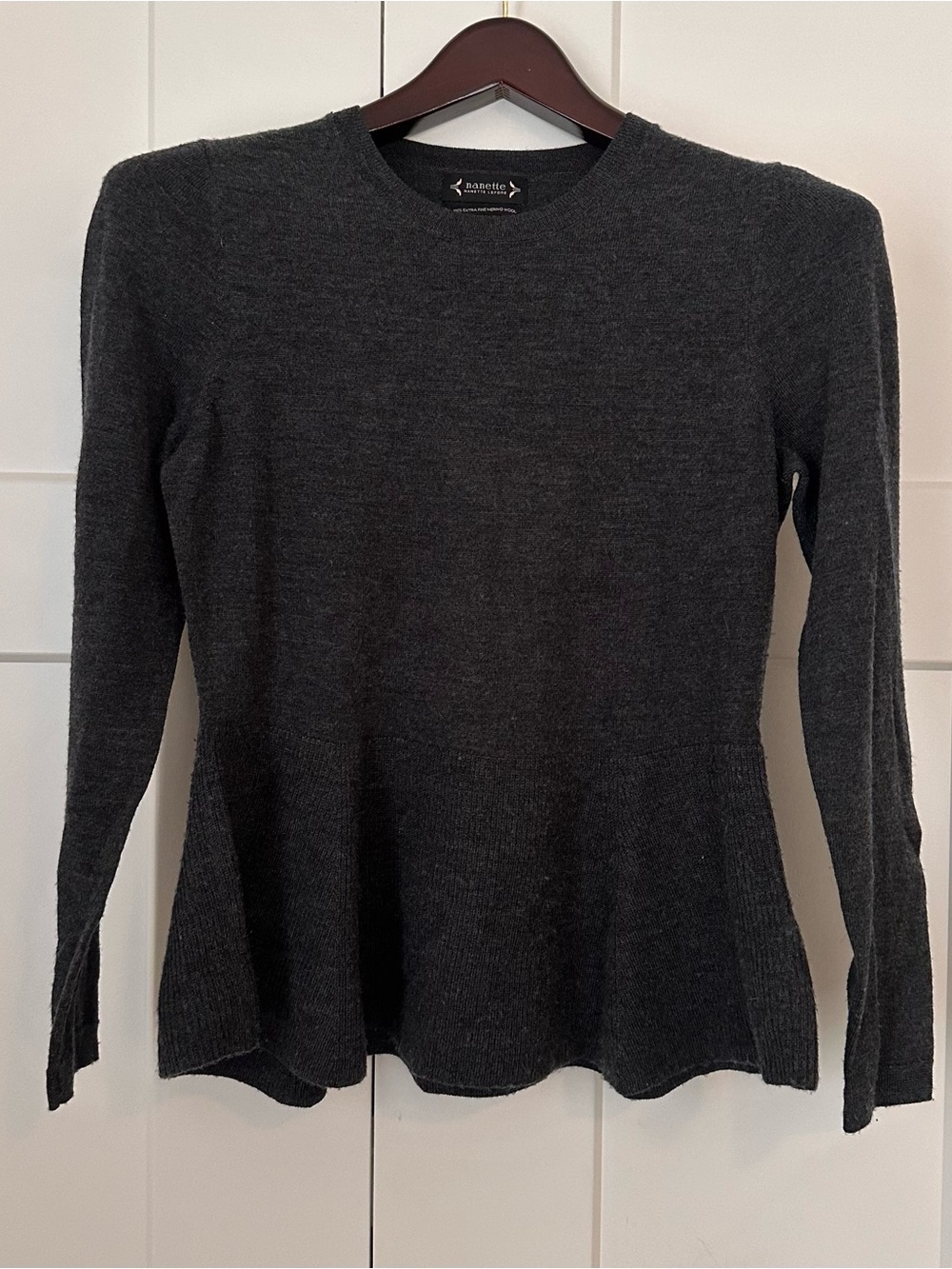 Nanette Lepore Dark Charcoal Merino Wool Peplum Sweater M